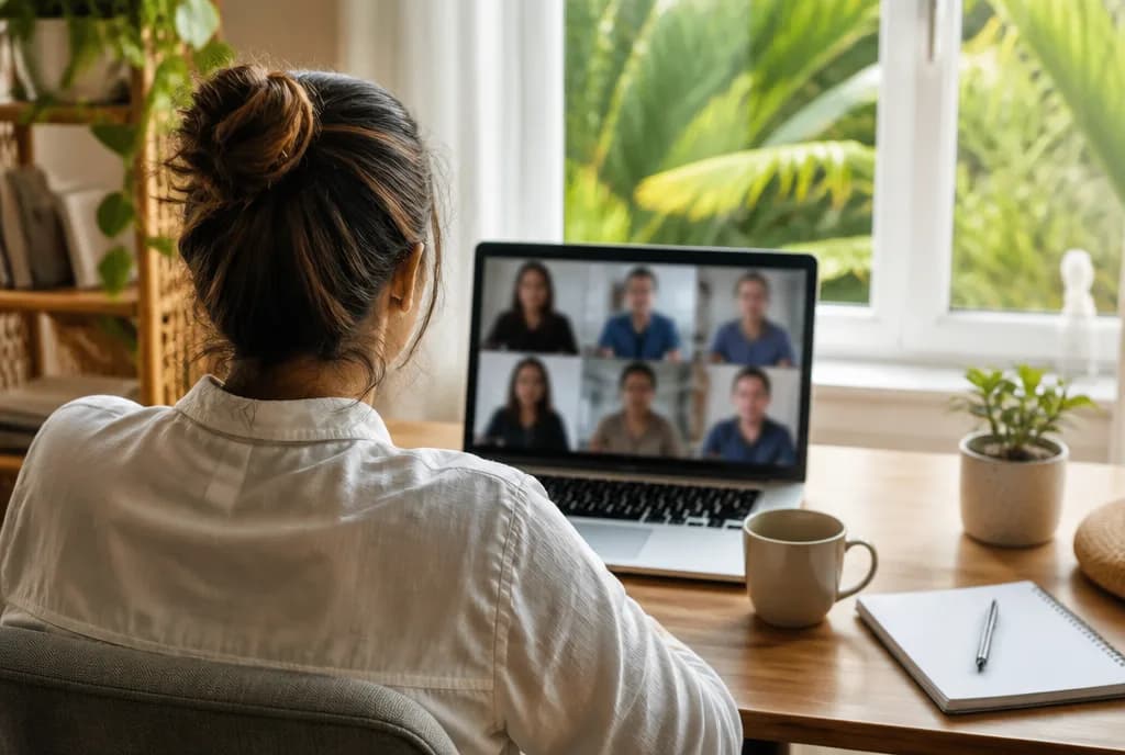 Remote professional at a home-office desk joining a video call with six colleagues during shared working hours